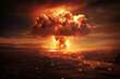 An explosion in a town's skyline making a nuclear fire mushroom cloud in an apocalyptic war. Nuclear explosion of atomic bomb, nuclear war