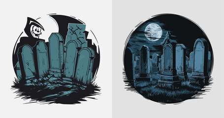 Wall Mural - Ghostly gravestones glow in misty shadows vector set