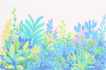 Botanical illustration of tropical leaves in fluorescent pastel shades. Tropical nature and summer vacation concept. Design for a resort's Interior poster. For spa or wellness center.