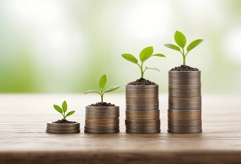 Finance growth concept plants growing in top of the stacks of coins