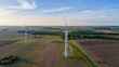 Wind turbines from above in farm fields Norfolk UK