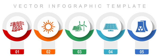 Fototapete - Renewable energy icon set, miscellaneous vector icons such as power line, sun, solar panel and nuclear power plant, modern design infographic template, web buttons in 5 color options