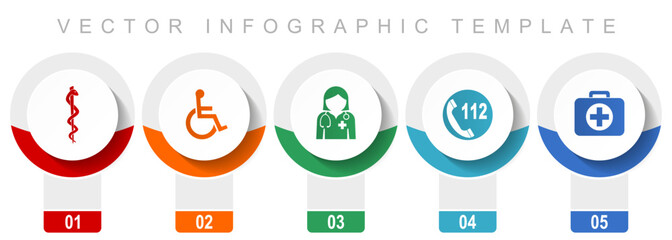 Aufkleber - Healthcare icon set, miscellaneous vector icons such as cadyceus, first aid, doctor, emergency call and wheelchair, modern design infographic template, web buttons in 5 color options