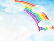 Childish watercolor drawing of a rainbow and clouds sky background, hand drawn