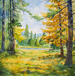 A field in the middle of a forest with a lake, summer time, trees larch, painted in watercolor
