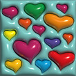 Multi-colored volumetric hearts on a blue background, 3D rendering illustration