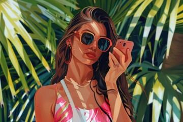 Wall Mural - A woman in a bikini holding a cell phone. Perfect for summer and technology concepts