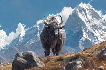 Canvas Print - A majestic yak standing in front of a stunning mountain range. Perfect for travel and nature themes