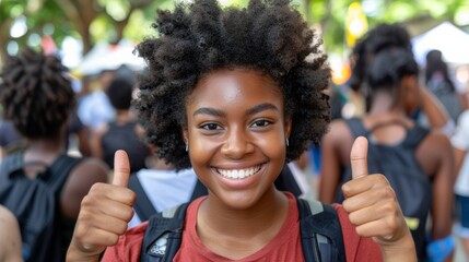 Athletic and healthy afro woman with a smile and thumb up, training and jogging outside, doing vitality and fitness exercise 