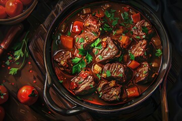 Poster - A pot filled with a hearty mix of meat and vegetables, perfect for food and cooking concepts