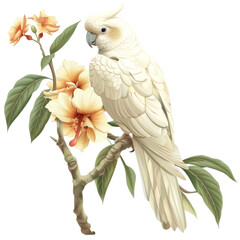 Wall Mural - White cockatoo bird sitting on a tree branch surrounded by colorful flowers, a Beaver Isolated on a whitePNG Background