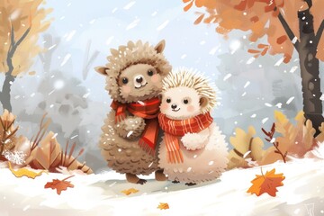 Sticker - A pair of hedgehogs standing together in the snow. Suitable for wildlife and winter themes