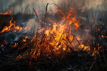 Canvas Print - A blazing fire in the middle of a field. Suitable for various concepts and designs