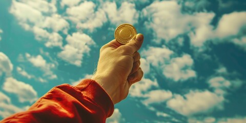 Wall Mural - A person holding a gold coin. Suitable for financial concepts