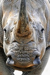 Wall Mural - Close up of a rhino's face with its mouth open. Suitable for wildlife and animal themes