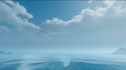 Wall Mural - Blue sky with clouds and a calm ocean. The sky is clear and the ocean is calm, with no waves visible