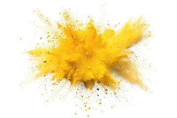 Wall Mural - Vibrant yellow powder exploding on a clean white surface. Perfect for use in advertising and design projects