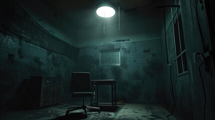 Canvas Print - A dark room with a chair and a single light source. Suitable for mystery or horror themes