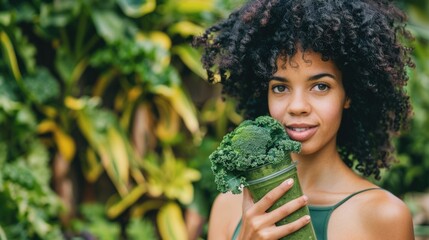 Sticker - Woman holding a green smoothie in front of her face, perfect for health and lifestyle concepts