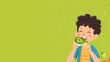 Happy boy eating vegetables on a green background. Cartoon illustration