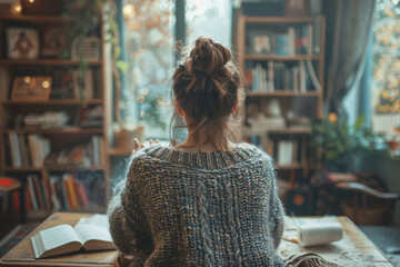 Woman Reading in Cozy Home Library with Autumn Ambiance