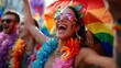 LGBTQ+ individuals radiating love and joy, united under the rainbow flag
