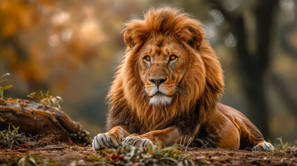 Wall Mural - A lion is laying on the ground in a forest