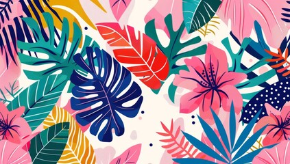 Canvas Print - A vibrant and colorful pattern featuring tropical leaves, flowers, geometric shapes, and bold colors Generative AI