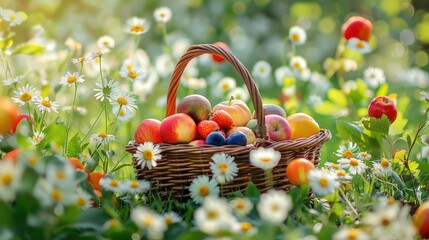 Canvas Print - Basket with fruits and berries in the garden. Selective focus.