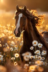 Wall Mural - A small brown horse is running through a field of flowers