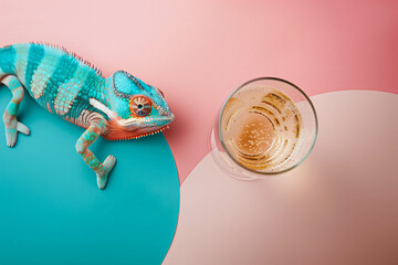 Wall Mural - Chameleon and champagne on a light background, minimal concept