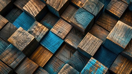 Wall Mural - Abstract three dimensional brown and blue wooden cubes facing texture background. Generated AI image