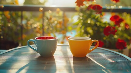 Cup of coffee in the garden. Selective focus.