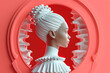 Sculptural portrait of a woman in a stylized white outfit against a circular red background.