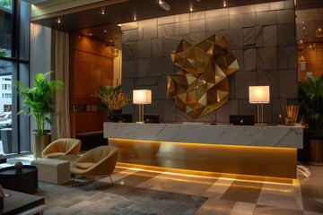 living room interior, A chic hotel lobby: the lime green accent wall replaced by a slate gray, adorned with abstract mirrors. The concierge desk gleams in polished brass, welcoming guests to their urb