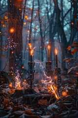 Wall Mural - Candles and fortune telling magic in the forest. Selective focus.