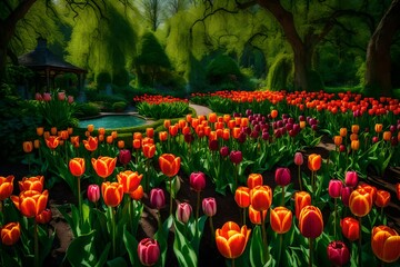 Wall Mural - red tulips in the park