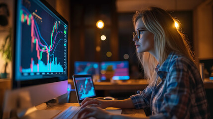 Wall Mural - Businesswoman analyzing stock market performance on a minimalist computer