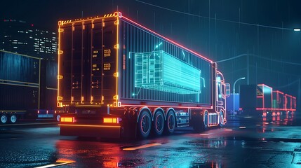 A captivating depiction of a lorry truck adorned with a luminous neon hologram of a container blueprint, rendered in stunning 3D illustration, symbolizing the integration of futuristic technology in l
