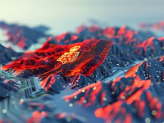 Wall Mural - Futuristic 3D flag of Montenegro, blending mountainous landscapes with digital tech elements