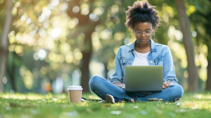 Wall Mural - A Woman Working on Laptop Outdoors