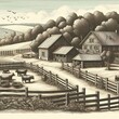 A Detailed Monochromatic Drawing Showcasing a Serene and Traditional Farm Scene.