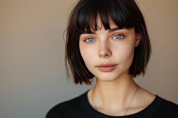 Wall Mural - A woman with short hair and a necklace is smiling. She has blue eyes and a tan complexion