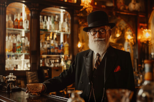 A man in a hat and glasses stands behind a bar