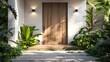 © StudioPix - 3D illustration of a contemporary entrance with a simple wooden front door, framed by lush greenery and modern wall lights