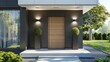 © StudioPix - Contemporary entrance of a home with a simple wooden front door, sleek sidelights, and a modern porch area, 3D render