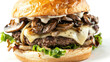 Mushroom swiss burger with sauteed mushrooms, melted Swiss cheese, caramelized onions, garlic aioli on white background