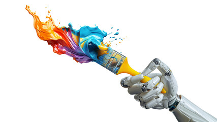 Wall Mural - White cyborg robotic hand holds a painting brush. Liquid splash color design and paintbrush. Gradient colorful abstract background, isolated PNG background.