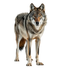 Sticker - A gray wolf standing confidently against a plain white backdrop, a gray wolf isolated on transparent background