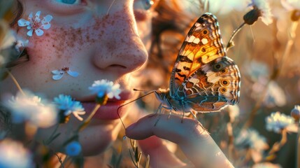 Wall Mural - The close up picture of the person holding the butterfly on the finger that has been surrounded with the plant and the nature in the springtime of the year under the bright light from the sun. AIG43.